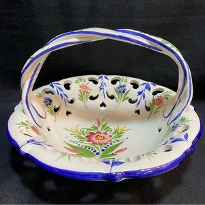 Vintage Floral Ceramic Hand Painted Basket With Heart Cut Outs RCCL Portugal